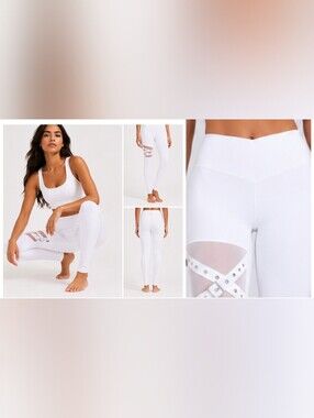 Nwt Halara White Crossover High-Waisted Mesh Buckle Leggings Yoga Pilates Pants